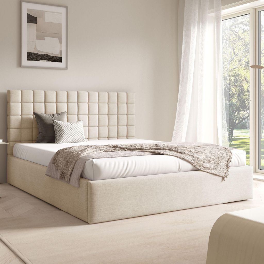 FURNISTAR Polster BEA III mit kasten| 160x200|Doppel mit Stauraum und Lattenrost|Boxspring-Optik|ohne Matratze|Schlafzimmer - Creme