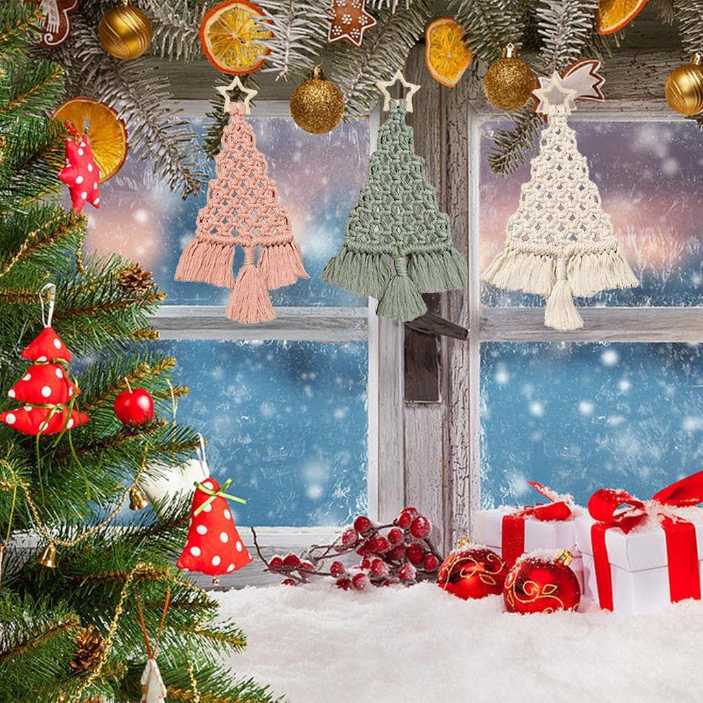 3-teiliges Weihnachts-Macrame-Set - Macrame DIY Kit für Weihnachten - Weihnachtsanhänger - Hängende Ornamente - Gewebtes Macrame für Feiertage ...