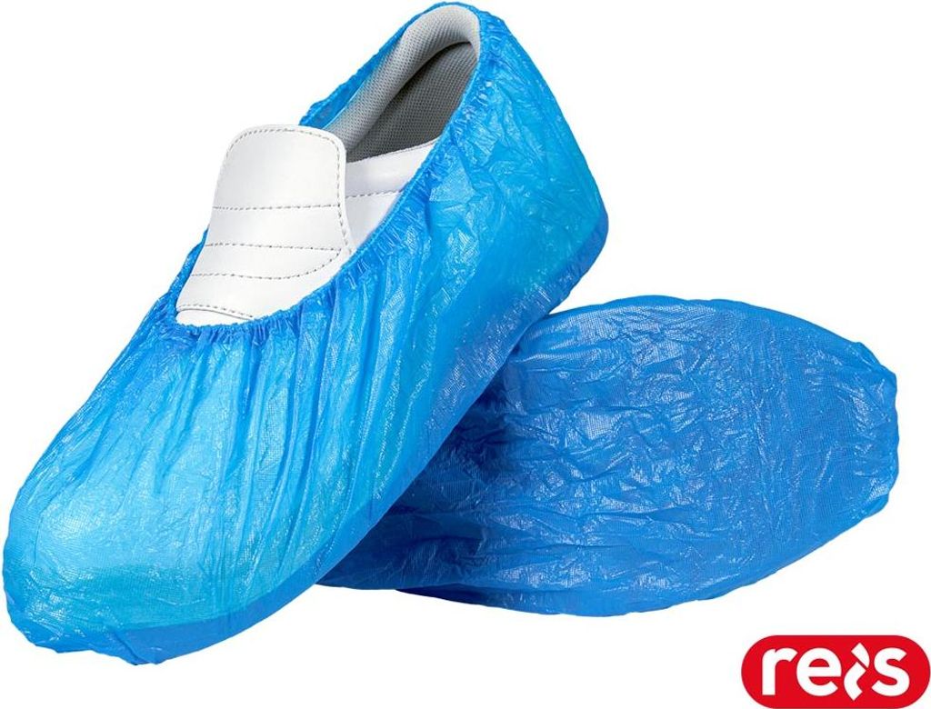 A pair of blue disposable shoe covers over white shoes, set against a white background.
