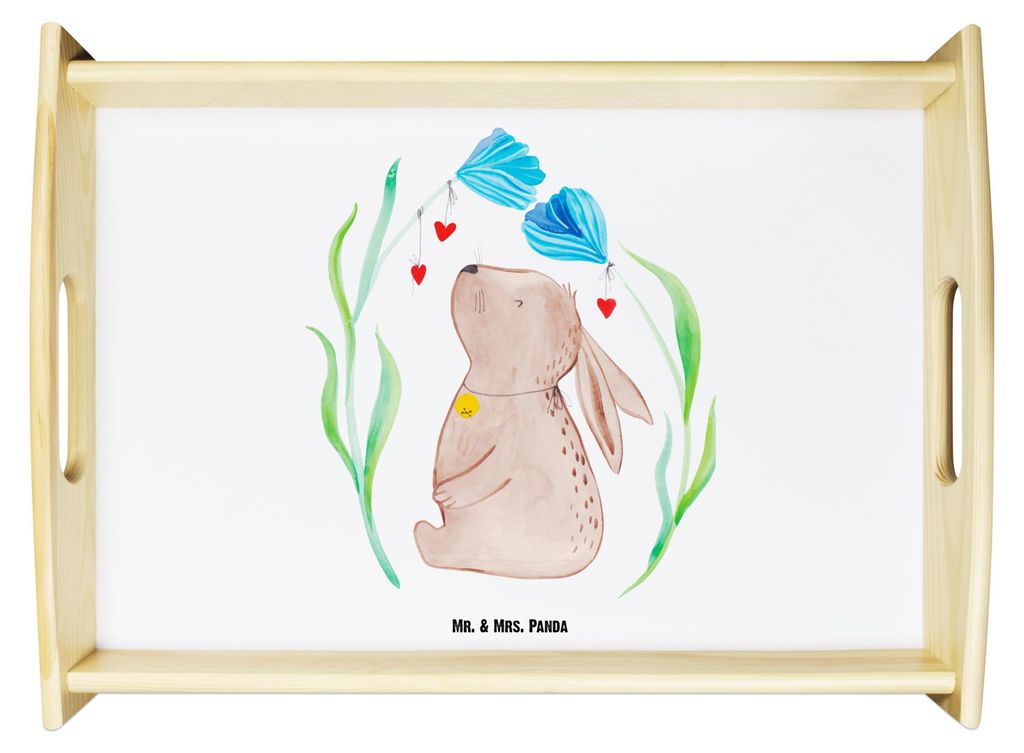 Mr. & Mrs. Panda Servier Tablett Hase Blume - Weiß - Geschenk, serviertablett aus holz, Holztablett, Kaninchen, Deko, Schwangerschaft, Geburtstag,...