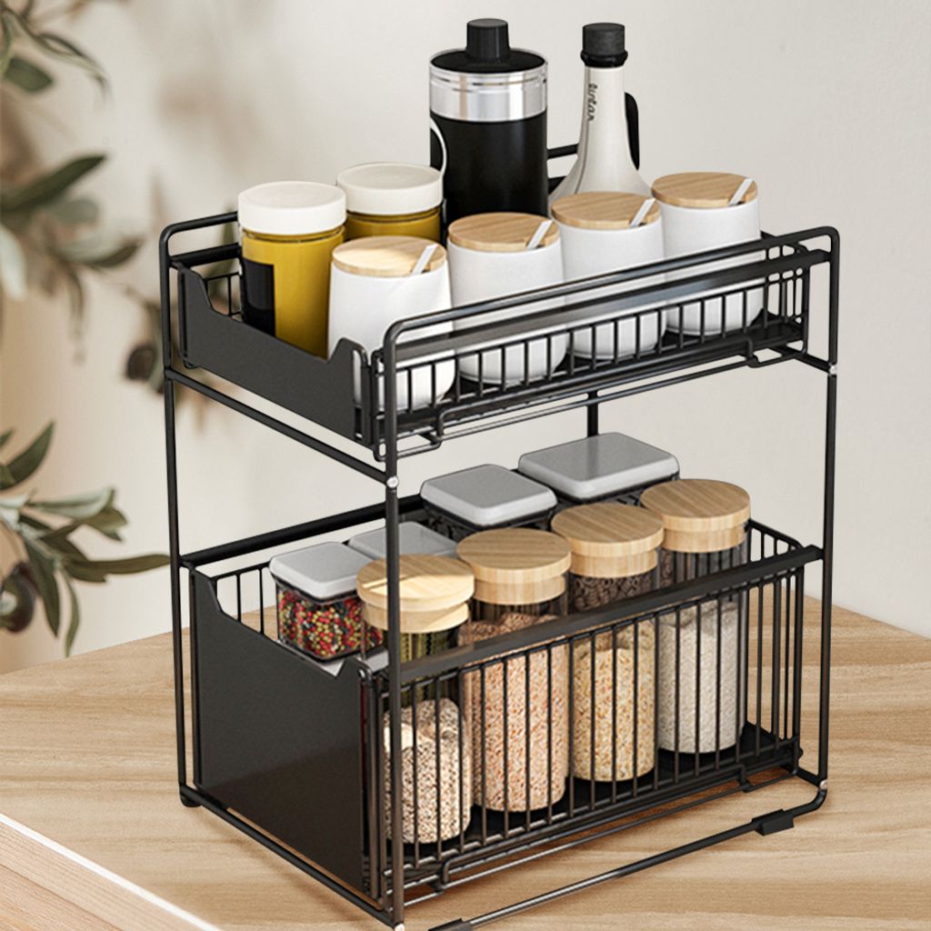 1er Set Küchenregal Schiebeschrank Korb Küchen Unterschrankregal Unter Waschbecken Regal Gewürzregal für Badezimmer Küchen Arbeitsplatte Schwarz