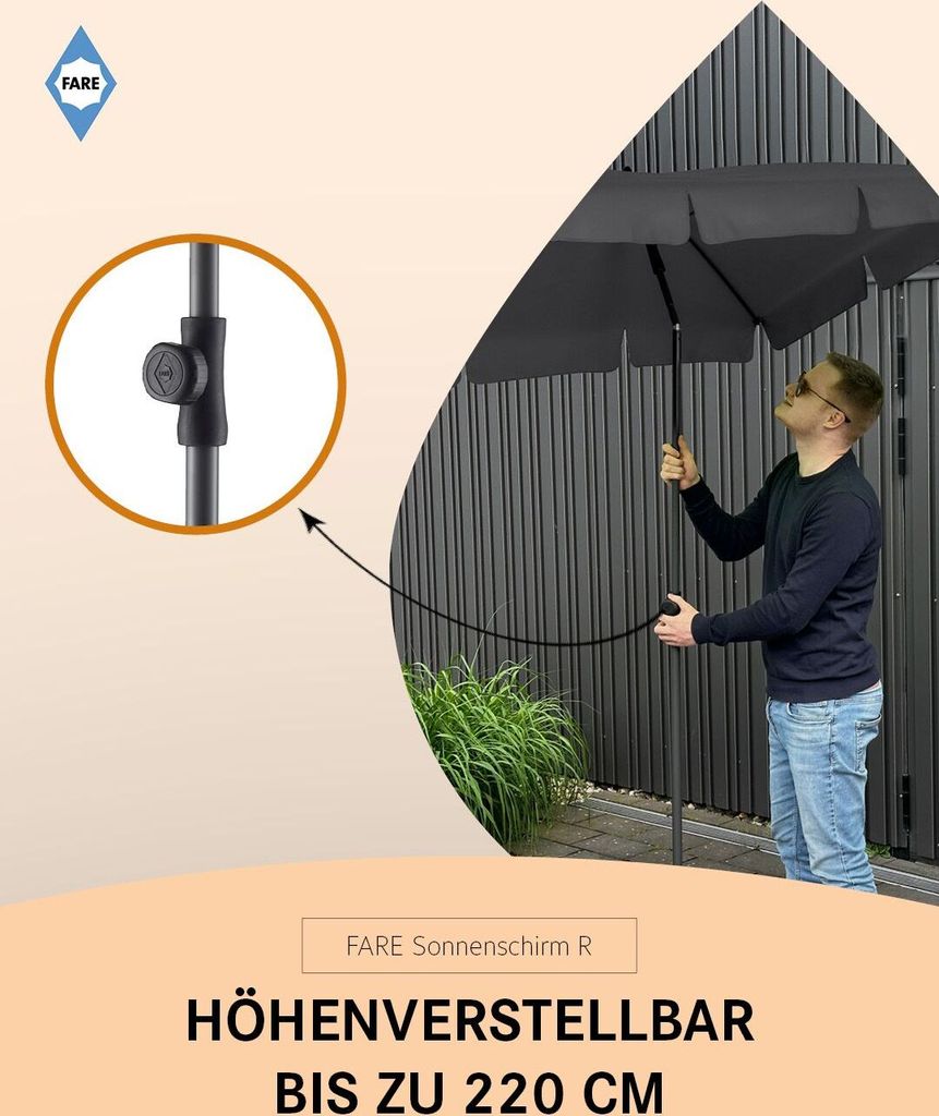 FARE Sonnenschirm R Höhenverstellbar Knickvorrichtung Lichtschutzfaktor UPF 50+ 200x122cm, Farbe:Grau