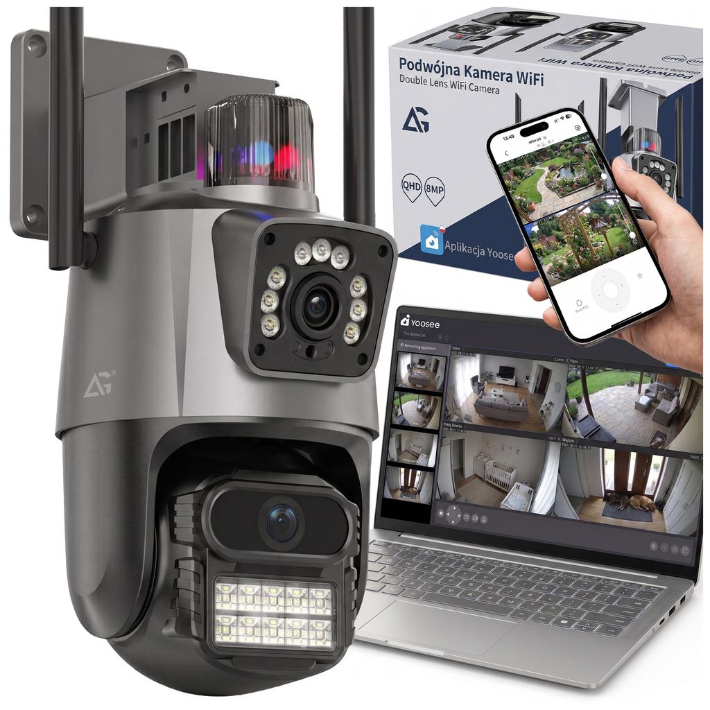 Überwachungskamera Außen WLAN 2 Objektive 360° PTZ 4MP Produktbild  KI-generiertes Bild
