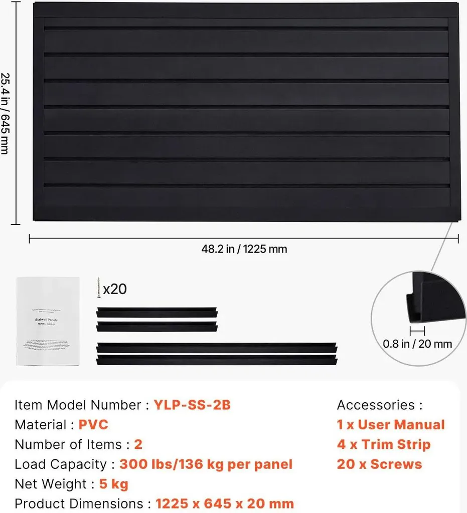 Organiseur mural pour garage Slatwall PVC - Panneau noir modulable 2x4ft