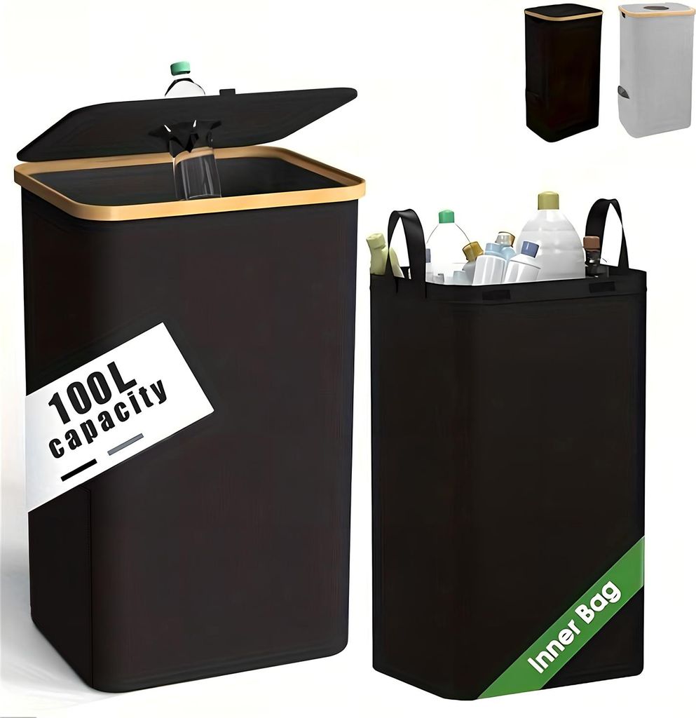 Flaschenaufbewahrungskorb, Recyclingbehälter, 100 Liter, mit 2 wasserdichten Deckeln und abnehmbarem Beutel für Flaschen, Gläser, Glas, Plastik,...