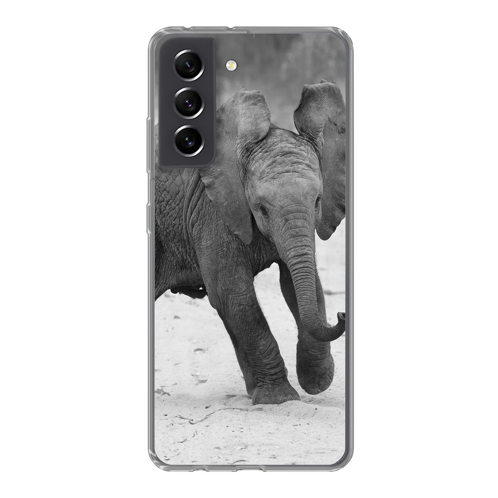 MuchoWow Handyhülle Schutzhülle Hülle für Samsung Galaxy S21 FE Elefant - Baby - Tiere - Kröte - Schwarz und weiß Silikon Softcase Handy H...