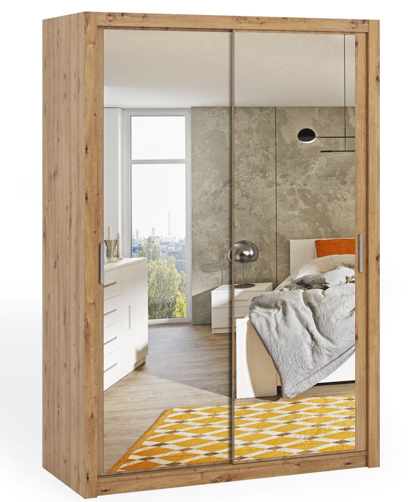 Schiebetürenschrank BONO 150 cm+Spiegel Eiche artisan Schwebetürenschrank mit Kleiderstangen