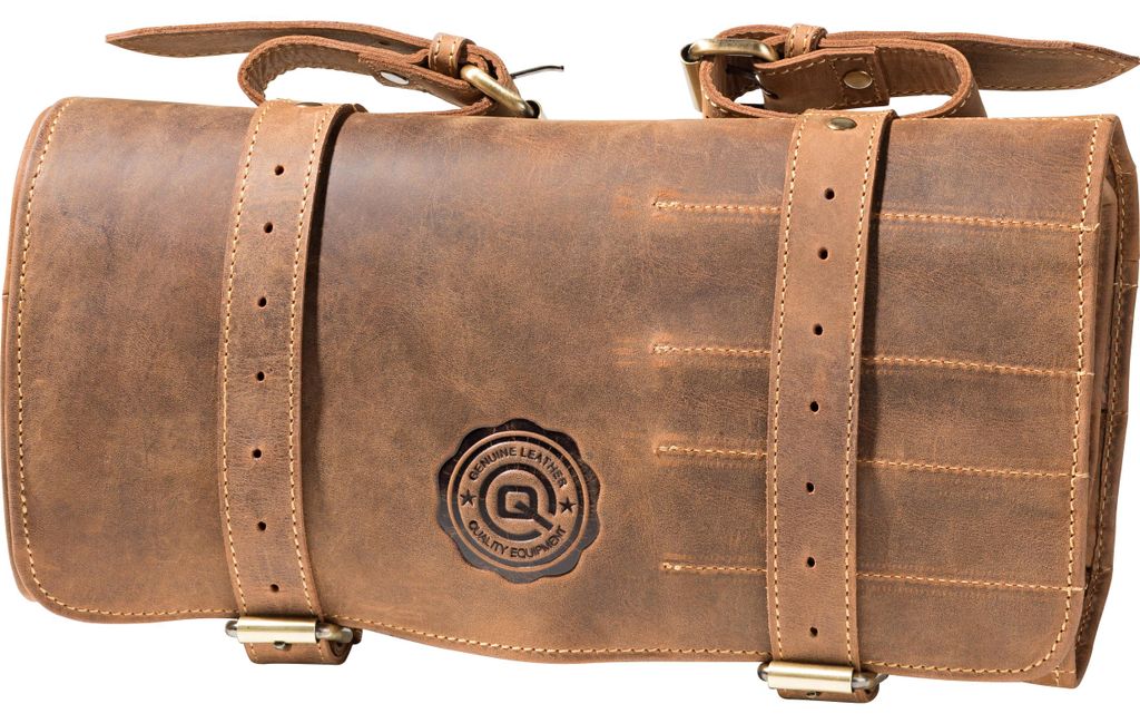 QBag Werkzeugrolle Vintage Braun aus Rindsleder, 14 Fächer, 32,5x13x5,5 cm