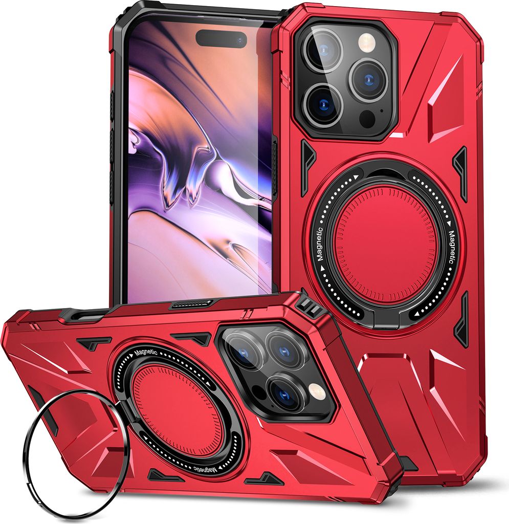 Hülle für iPhone 16 Pro Kompatibel mit MagSafe, Dual Layer Robuste Schutzhülle, Magnetischer Ringständer Rot