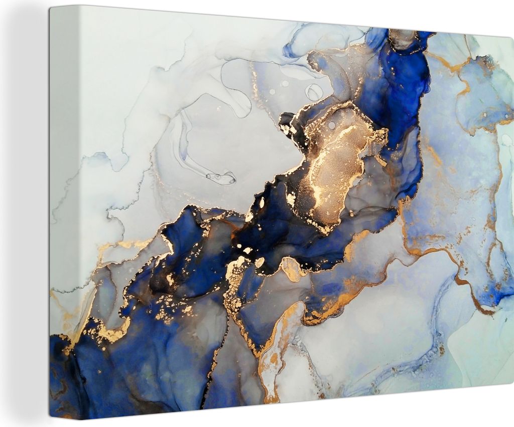 OneMillionCanvasses - Leinwandbilder - 140x90 cm, Marmor - Blau - Gold, Wandbilder Kunstdruck Wanddekoration - Foto auf Leinwand - Gemälde auf H...