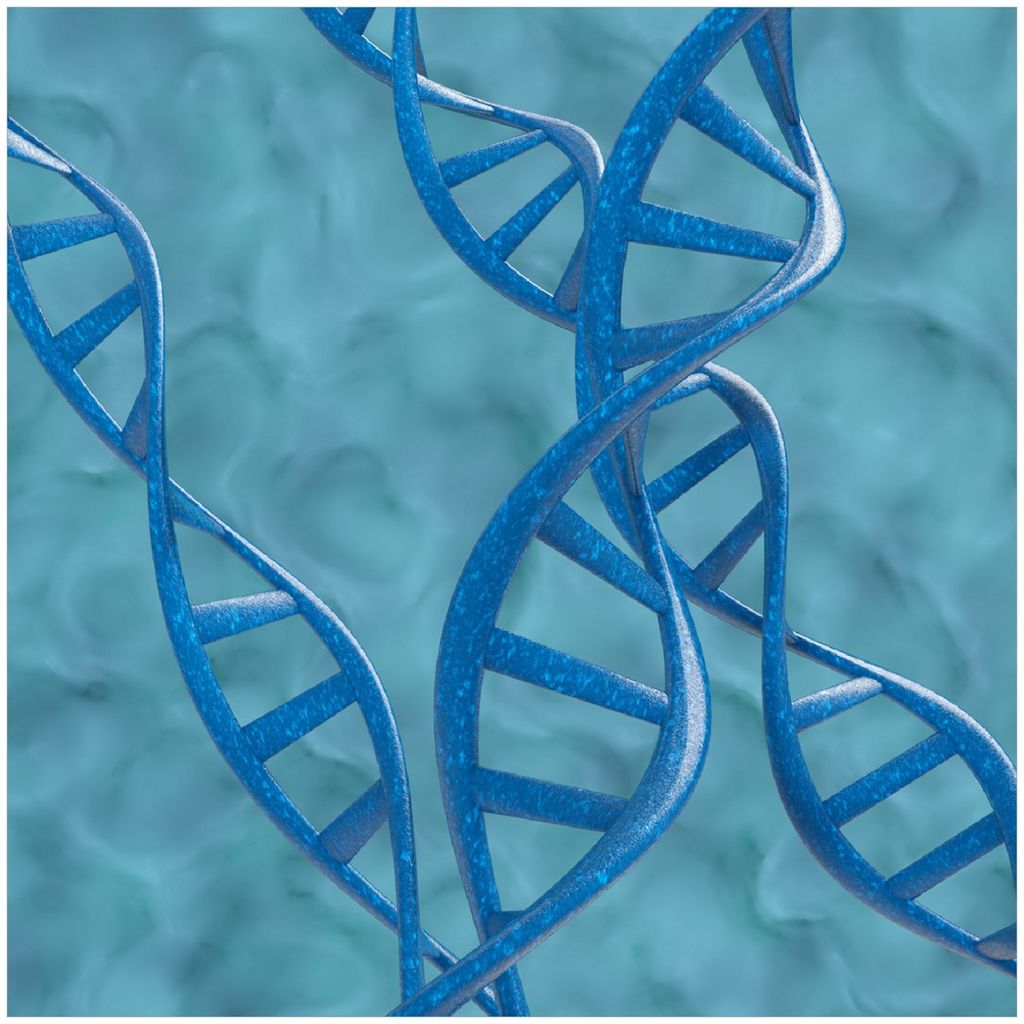 Wallario Premium Glasbild, freischwebende Optik, kräftige Farben, Größe 30 x 30 cm Motiv DNA-Strang in blau auf türkisem Hintergrund