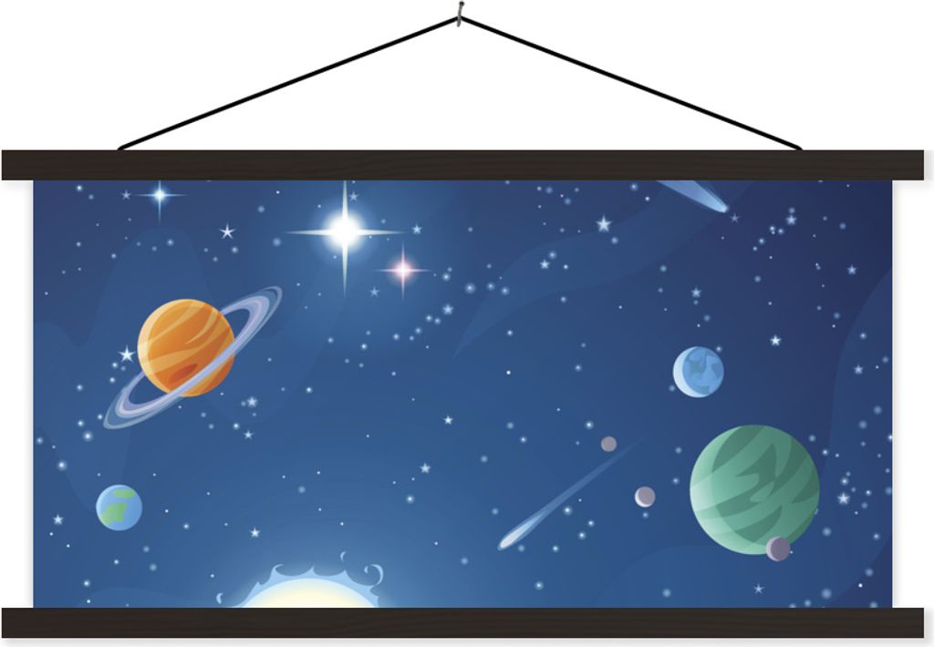 MuchoWow Textilposter Eine Illustration des mit Planeten gefüllten Weltraums 150x75 cm mit schwarzem Rahmen - Posterleiste