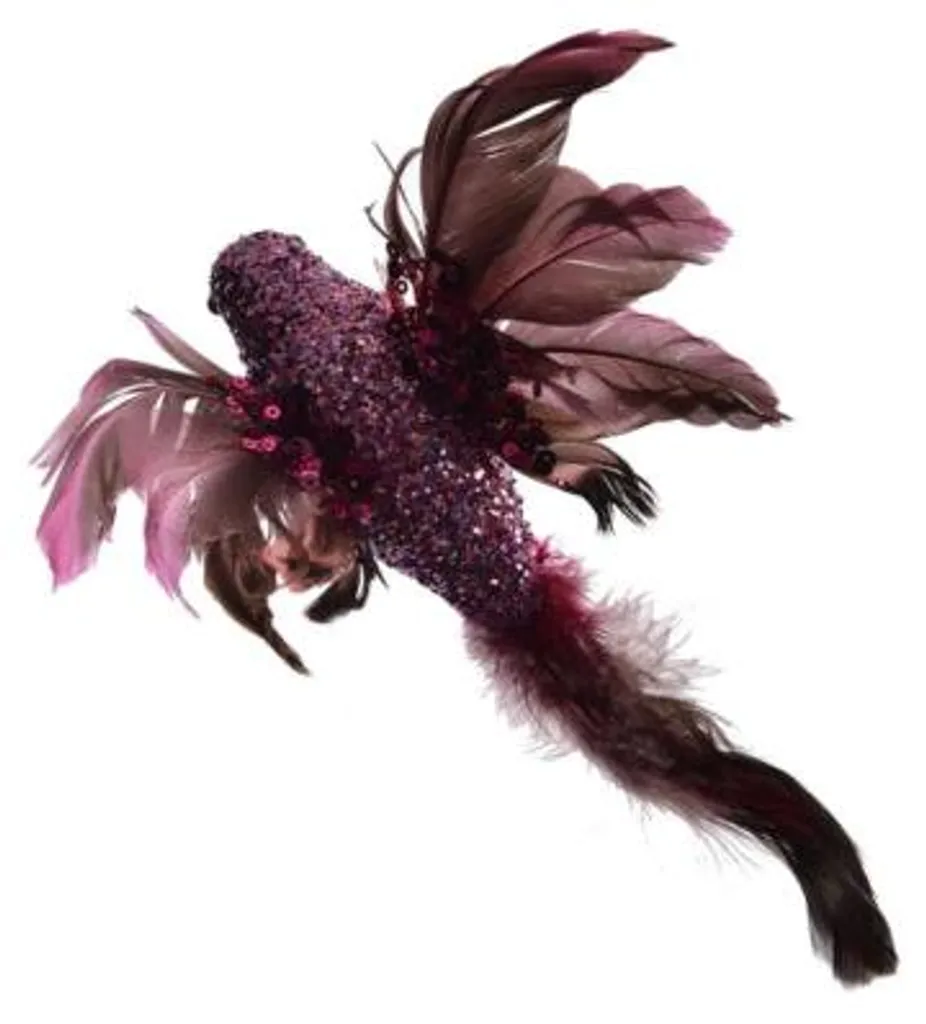 Oiseau décoratif violet 20 cm avec pince de fixation - Set de 12
