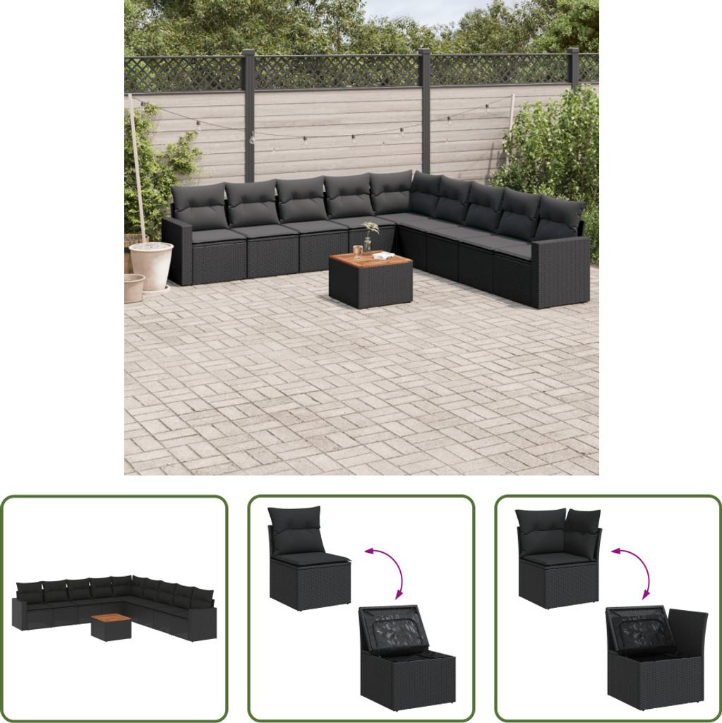 The Living Store 10-tlg. Garten-Sofagarnitur mit Kissen Schwarz Poly Rattan
