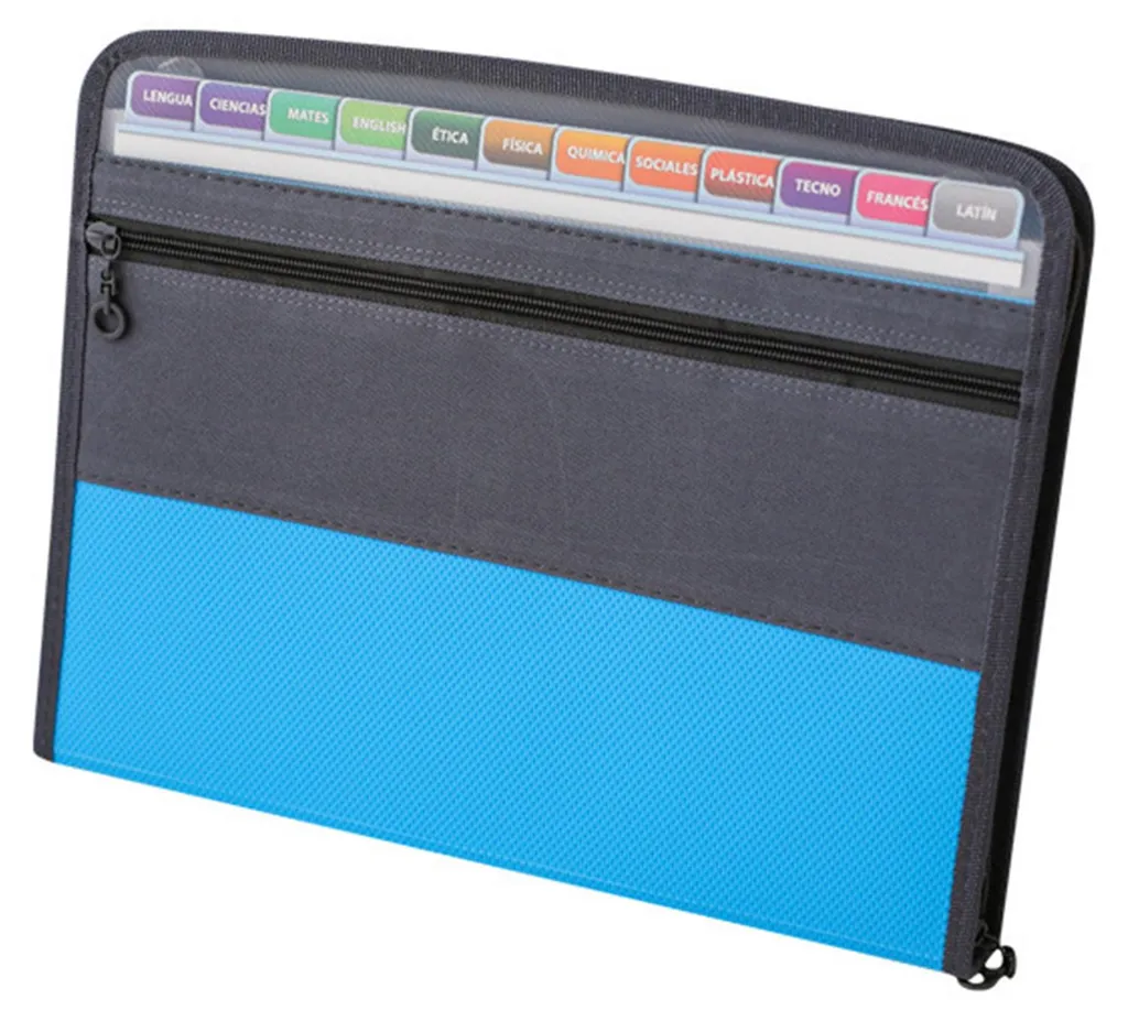 Pochette de rangement A4 bleue à 13 compartiments et double fermeture éclair