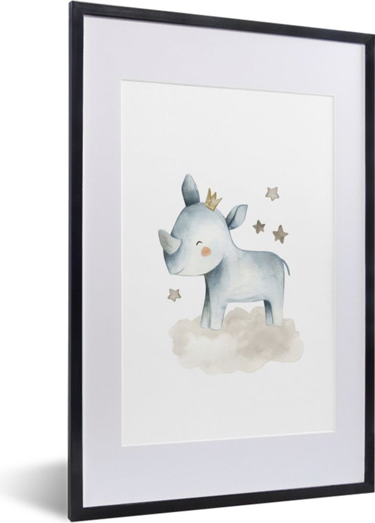 MuchoWow Gerahmtes Poster Rhinozeros - Kinder - Tiere 40x60 cm - Poster mit Schwarzem Bilderrahmen Wandposter Rahmen Foto Bilder - Poster in Rahmen