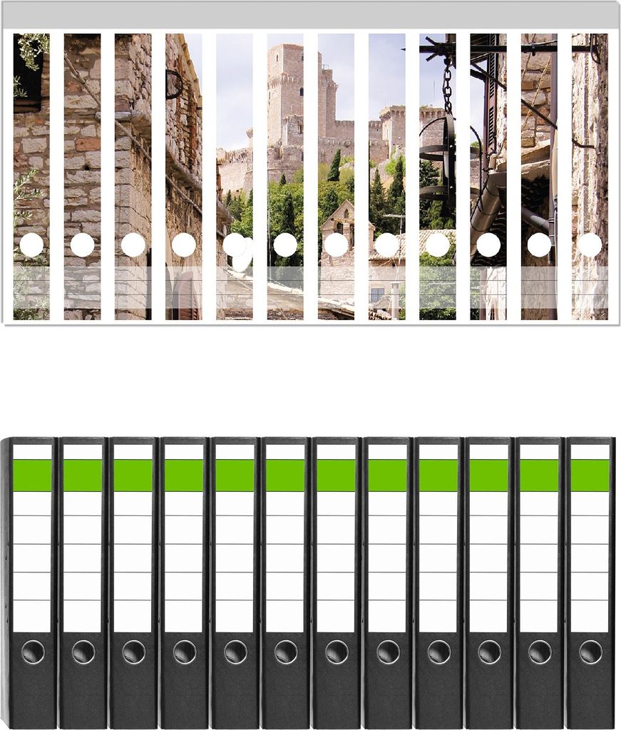 Wallario 12 Stück schmale Ordner inkl. Klebeetiketten mit Motive Italienische Gasse - Set mit Rückenschildern / Ordnerrücken Stickern