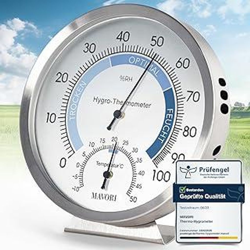 2in1 Hygrometer innen analog und Thermometer analog innen aus Edelstahl - Thermometer Hygrometer analog - Temperatur und Luftfeuchtigkeitsmesser in...