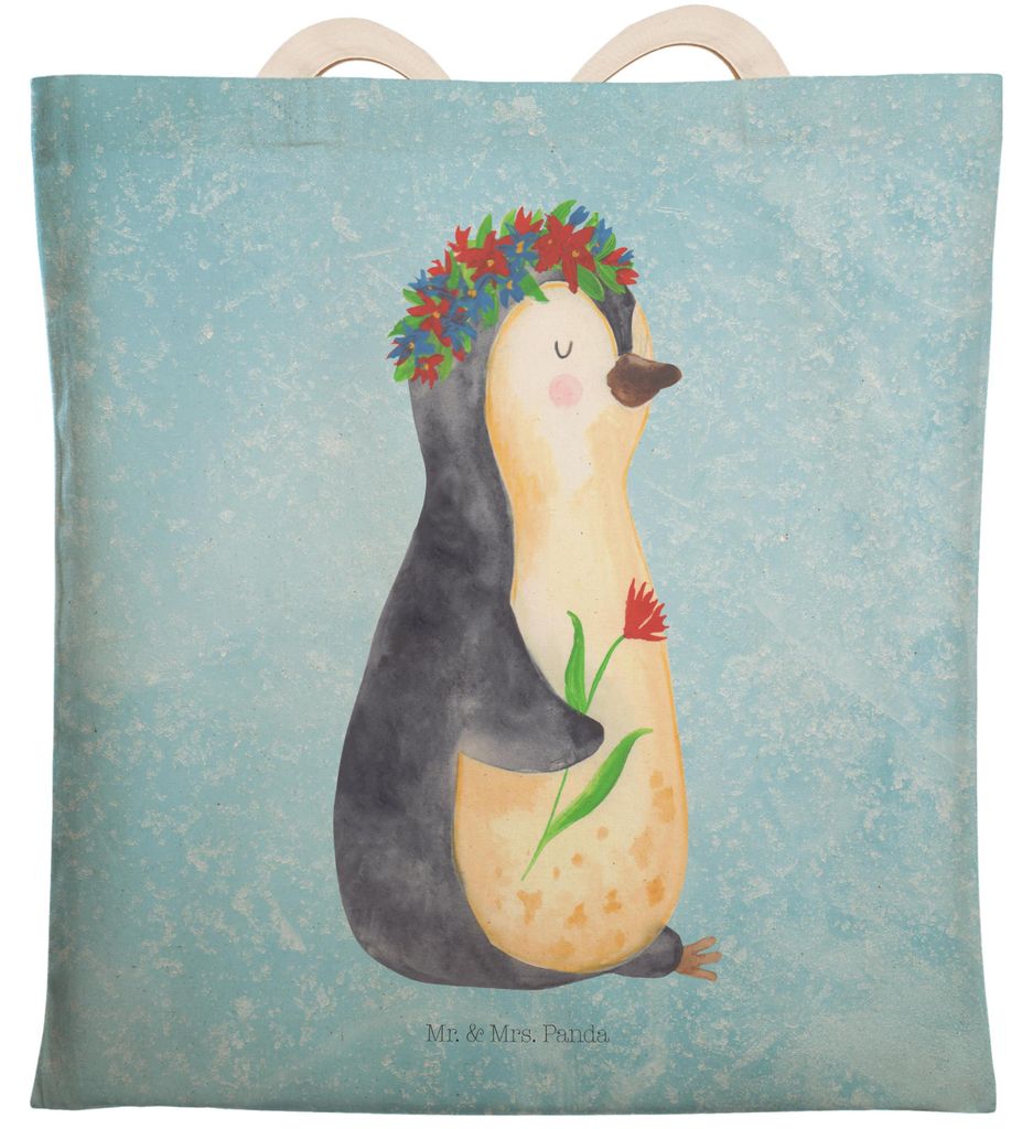 Mr. & Mrs. Panda Tote Bag Pinguin Blumen - Eisblau - Geschenk, Stofftragetasche, Pinguine, mehrzwecktasche, shopping, Ziele, Geschenkidee, Tragetas...