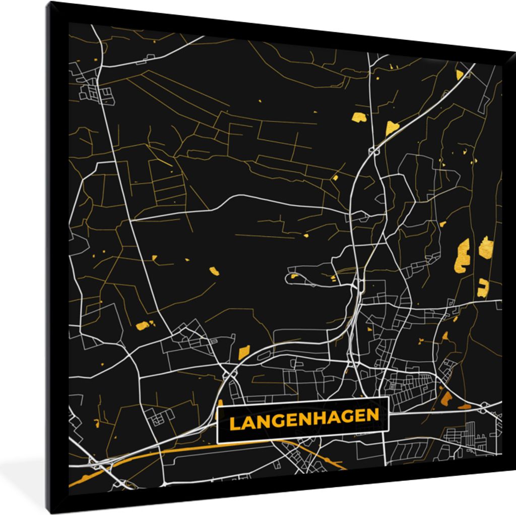 MuchoWow Gerahmtes Poster Stadtplan - Karte - Deutschland - Gold - Langenhagen - Karte 40x40 cm - Poster mit Schwarzem Bilderrahmen Wandposter Ra...