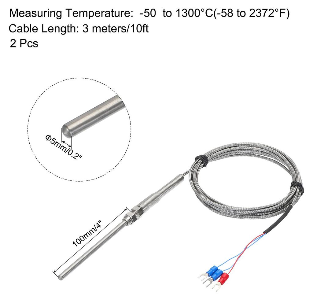 2Stk PT100 RTD Thermoelement Edelstahl M8 Temperaturfš¹hler -50 bis 1300¡ãC 10ft 5x100mm