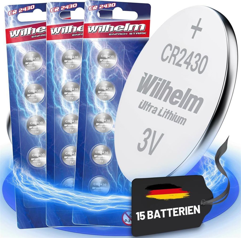 Product packaging and a single battery are shown with a background of blue lightning effects and a black tag with German flag colors.