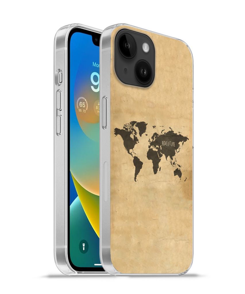 MuchoWow Handyhülle Schutzhülle Hülle für Apple iPhone 14 - Softcase Weltkarte - Braun - Zitat Silikon Softcase Handy Hülle - Mobiltelefonh...