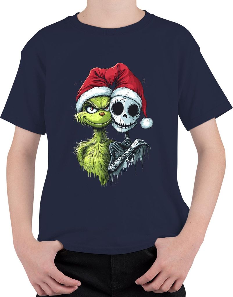 Grinch Jack Skellington Weihnachten Totenkopf gruselig Gothic Uni Kinder T-Shirt, Navy, 116