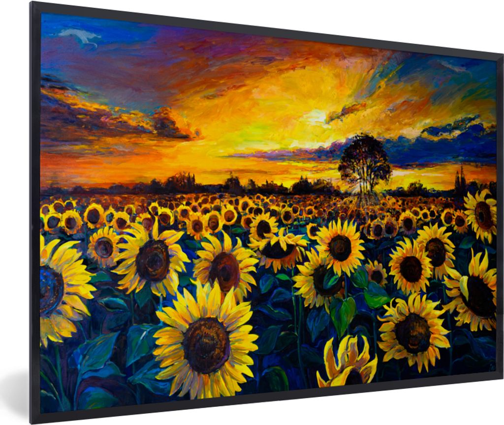 MuchoWow Gerahmtes Poster Gemälde - Ölfarbe - Blumen - Sonnenblume 60x40 cm - Poster mit Schwarzem Bilderrahmen Wandposter Rahmen Foto Bilder -...
