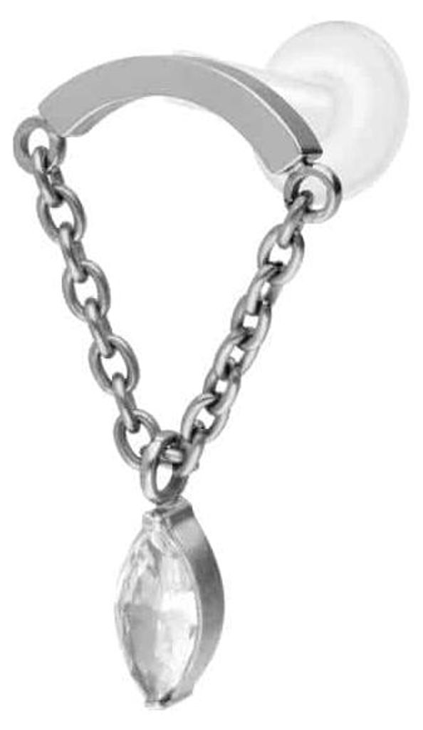 Ohrpiercing, Nasenpiercing PTFE Labret mit Innengewinde + Titan-Aufsatz BOGEN + KETTE + KRISTALLTROPFEN Silber Stablänge: 6mm | Stabstärke: 1,2mm...