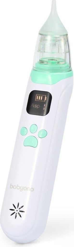 A white electronic nasal aspirator with green accents and a digital display.