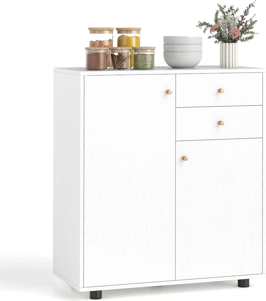 COSTWAY Credenza, sideboard con 2 cassetti, 2 ante e 3 ripiani, dispensa, comò per sala da pranzo, soggiorno e corridoio, bianco