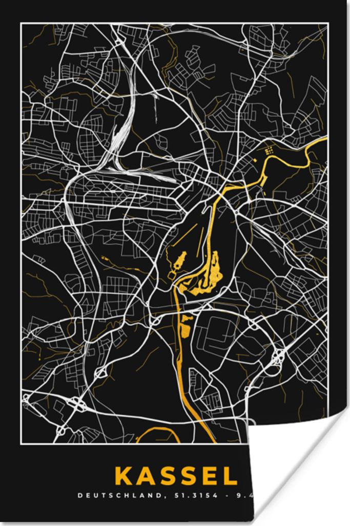 MuchoWow Poster Kassel - Deutschland - Karte - Stadtplan - Gold - Karte 60x90 cm - Wanddekoration