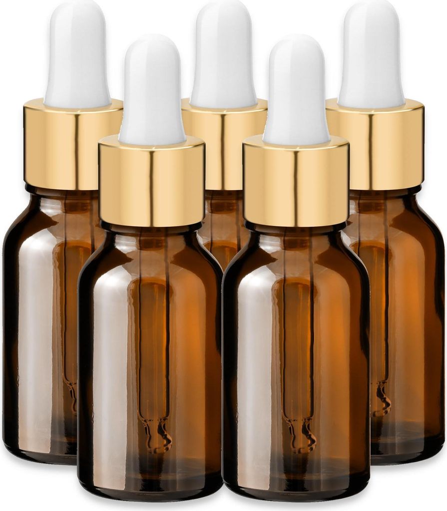 5x Glasflasche braun 15 ml mit goldener Aluminium Pipette Produktbild 