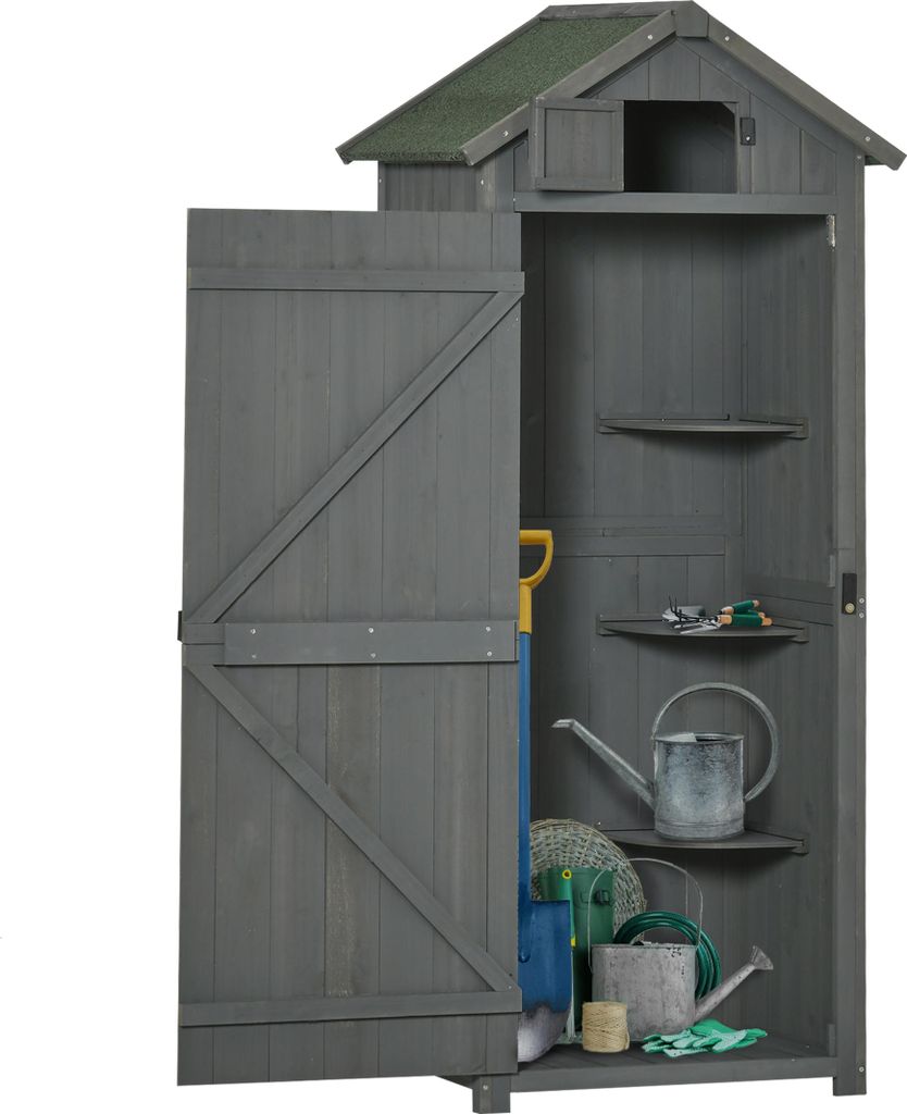 Gartenschrank Gartenhaus Gerätehaus Geräteschuppen mit Fachböden Asphaltdach Fenster Holz Grau+Grün 77 x 54,2 x 179 cm