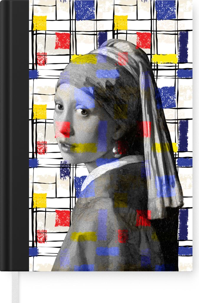 MuchoWow Notizbuch Tagebuch Haushaltsbuch Notebook A5 Mondrian - Mädchen mit Perlenohrring - Collage - Notizblock - Notizheft - Notebook - Schre...
