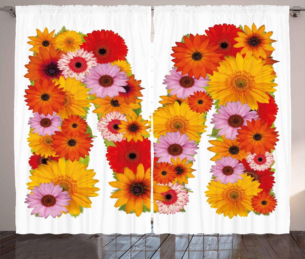 ABAKUHAUS Buchstabe M Rustikaler Gardine, Flower Alphabet Daisy, Schlafzimmer Kräuselband Vorhang mit Schlaufen und Haken, 280 x 175 cm, Mehrfarbig