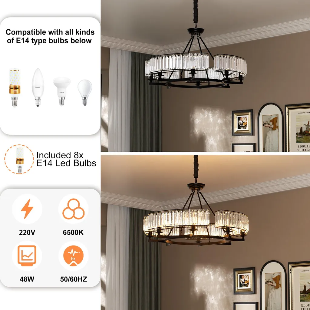 Plafonnier design cristal 6 mèches LED 24W luminaire noir chic et moderne