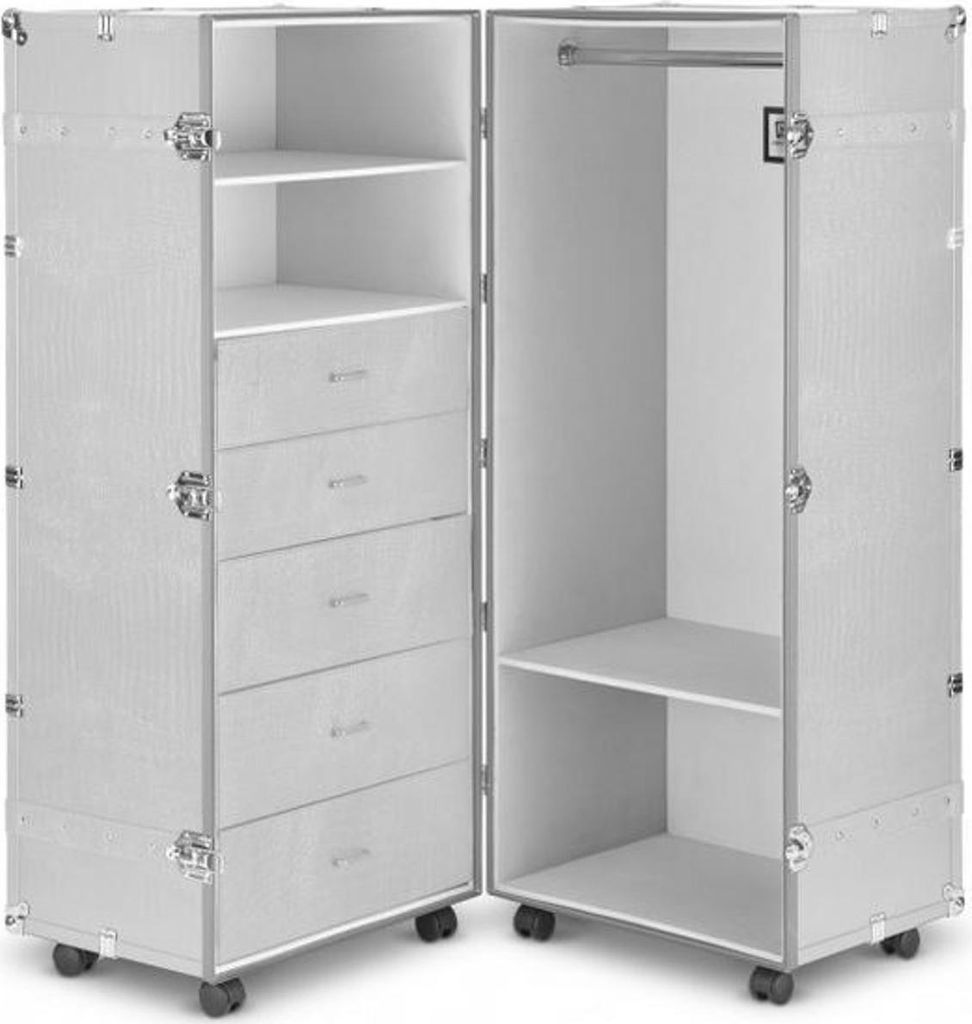 Casa Padrino Luxus Kunstleder Kofferschrank mit Rollen Weiß / Silber 60 x 86 x H. 143 cm - Schrankkoffer im Vintage Stil - Luxus Accessoires