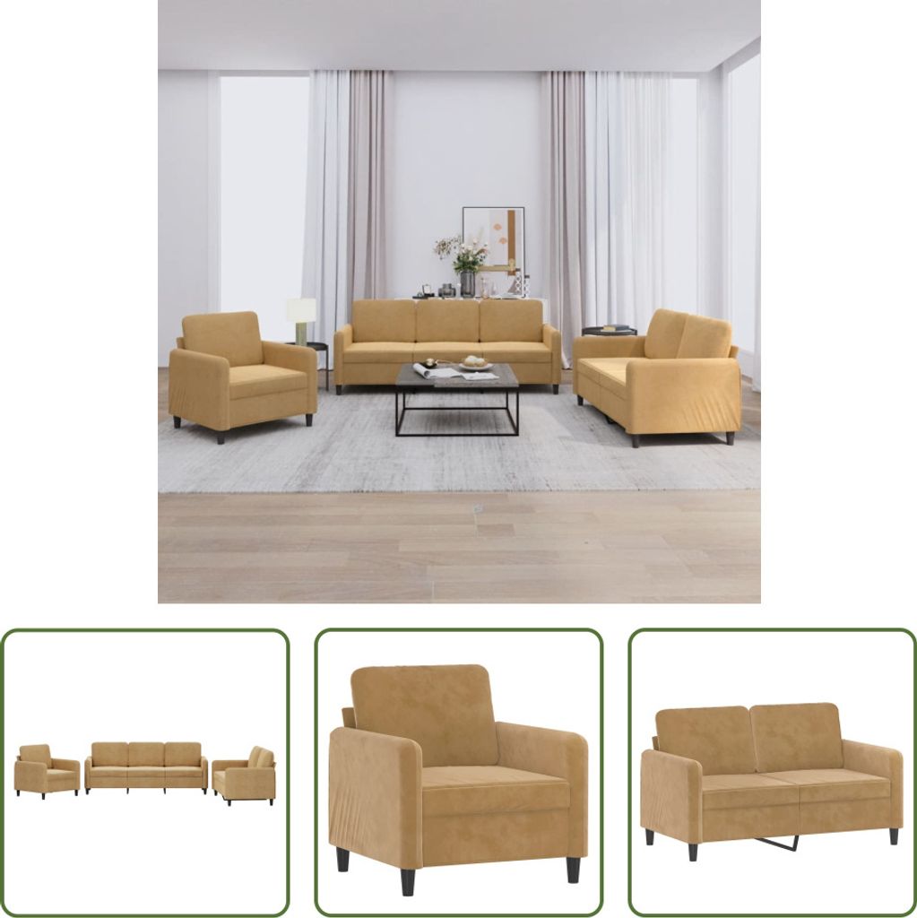 The Living Store 3-tlg. Sofagarnitur Braun Samt