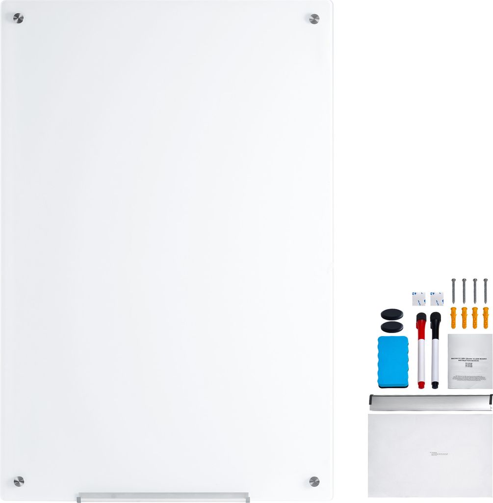 SucceBuy 48"x32" magnetisches Glas-Whiteboard, trocken abwischbares rahmenloses Board, Wandmontage, mit Stiftablage, Radiergummi und 2 Stiften, weiß
