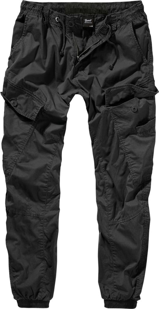 A pair of black cargo pants laid flat against a white background.