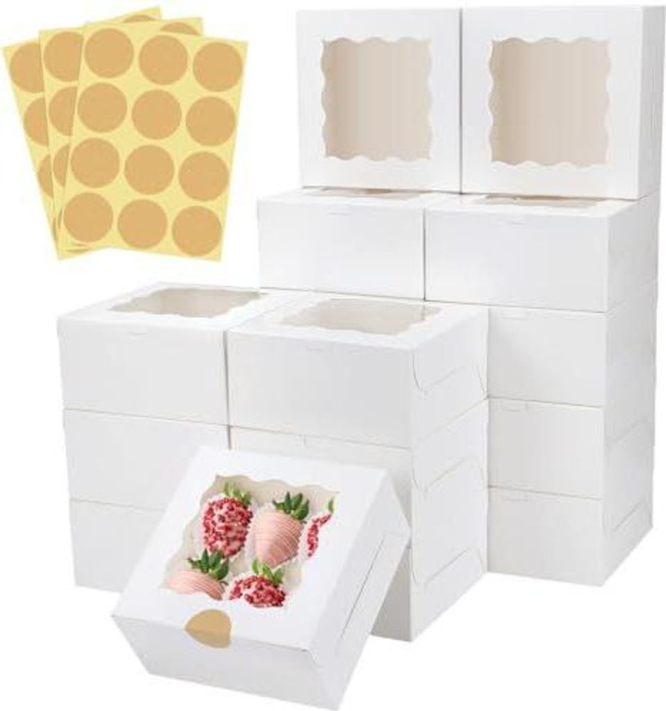 Weiße Bäckerei-Box mit Fenster, 16 Packungen, 25,4 x 25,4 x 6,3 cm, schwarze Keks-Boxen, Gebäck-Box für Hochzeitsgeschenke, Geburtstage und Partys