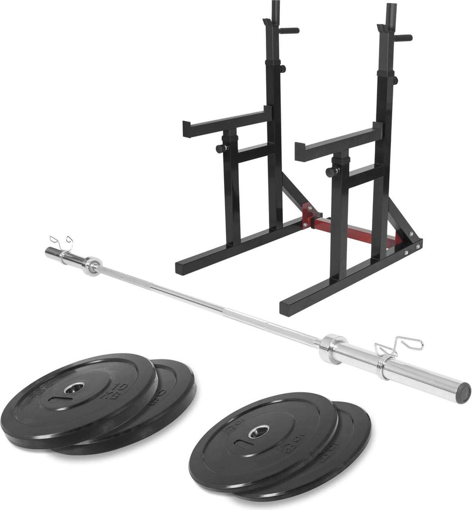 GORILLA SPORTS Squat Rack - mit Langhantel Set, 50mm, Langhantelstange und 30kg Hantelscheiben, Verstellbar, mit Dip-Griffen - Langhantelablage, ...
