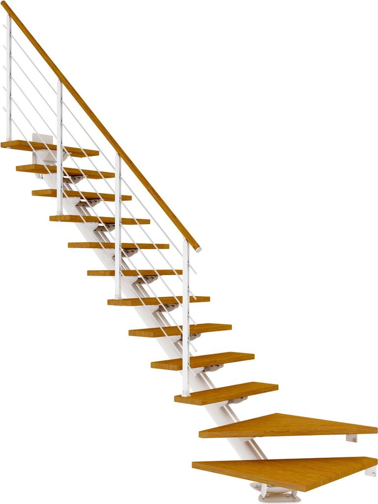 Dolle Mittelholmtreppe Sydney in Eiche, geölt 75 cm breit 1/4 gewendelt für Geschosshöhen 222 – 270 cm UK Metall Weiß mit einseitigem Designg...