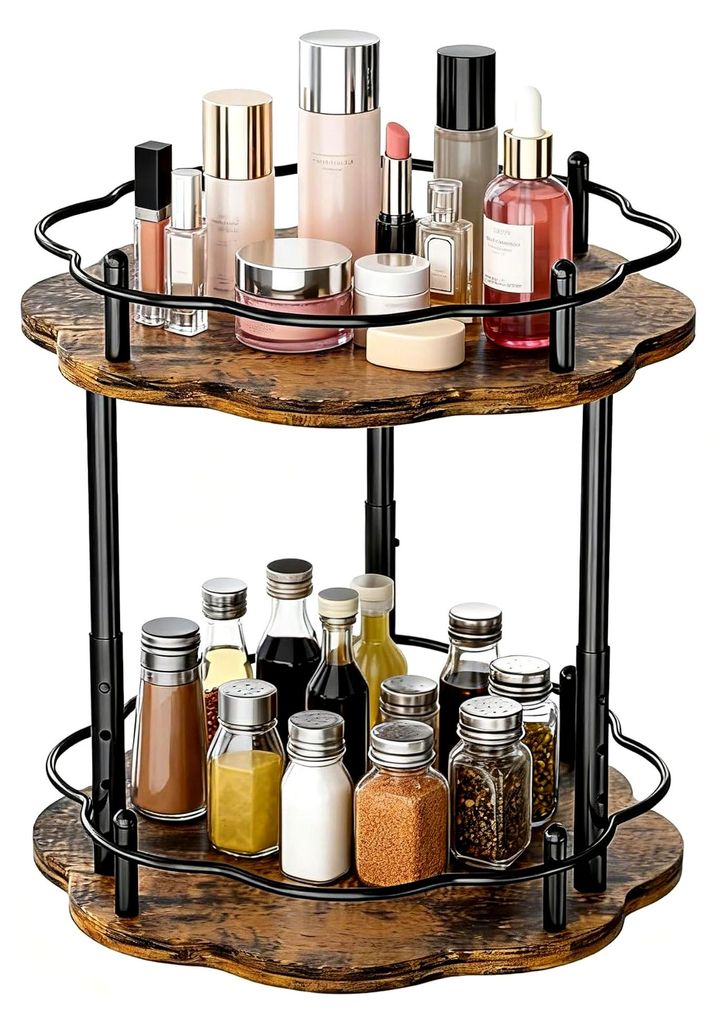 Drehbares Gewürzregal mit 2 Etagen, Lazy Susan Organizer, höhenverstellbar, Drehteller, Gewürz-Organizer, Aufbewahrung für Küche, Arbeitsplatt...
