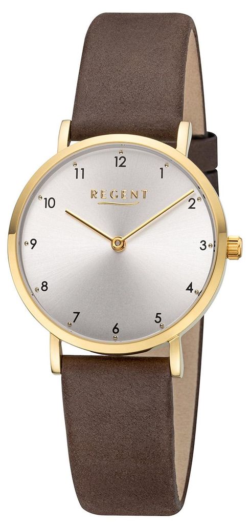 Regent Damen-Uhr Analog Quarz Leder-Armband Braun Gold-Ton F-1460