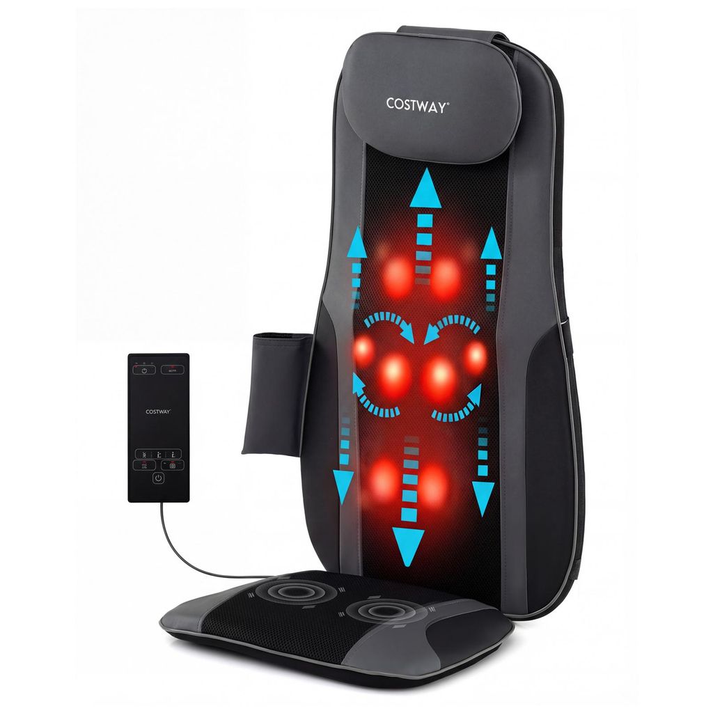 COSTWAY Shiatsu Massageauflage mit Wärme, 4 knetenden Rollknoten & 2 Vibrationsmotoren, Massagesitzauflage 3D Massagematte, Rückenmassagegerät