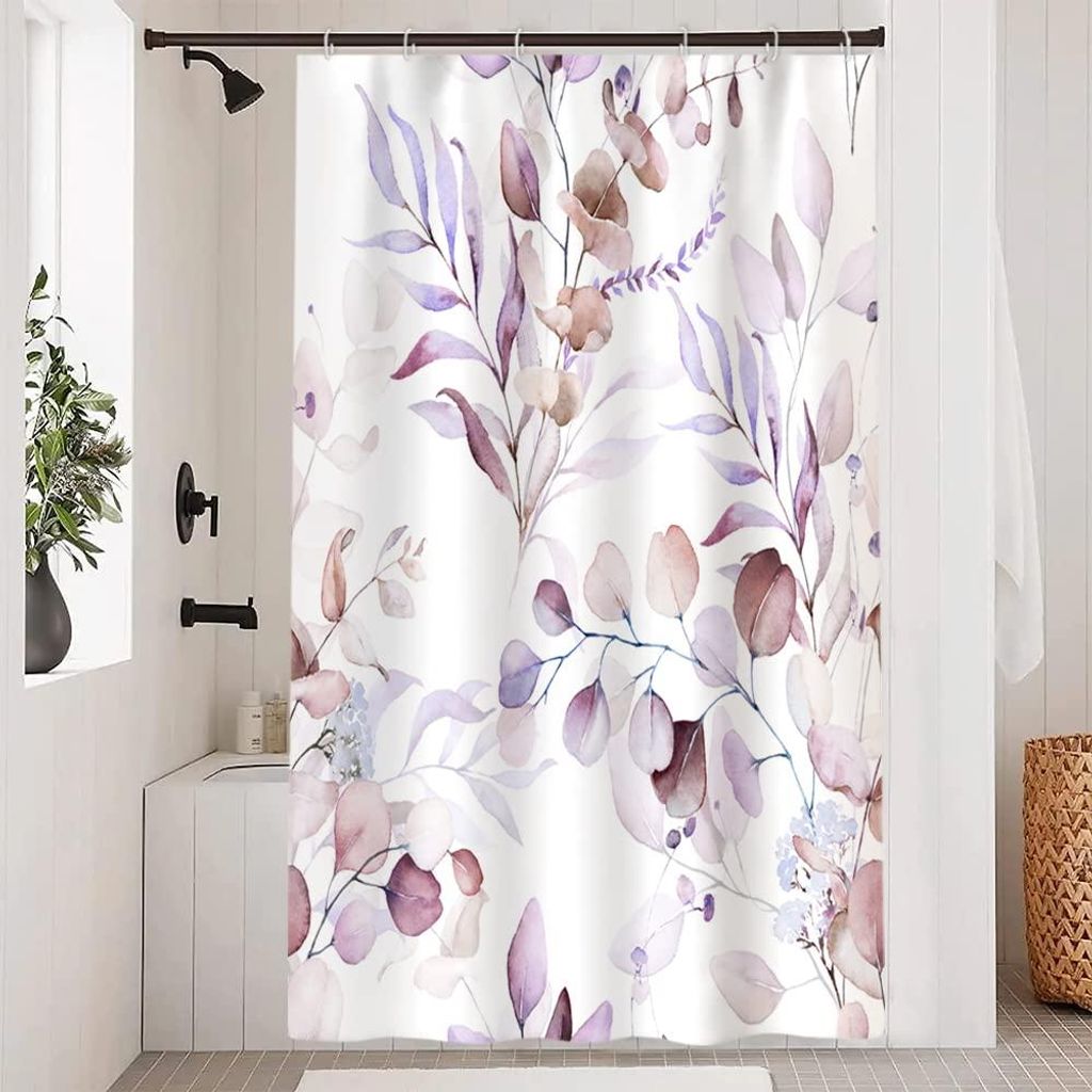 Duschvorhang 120 x 200 cm, schimmelresistent, lila/violette Blätter, rosa/lavendelfarbene Blüten, wasserdichtes Polyestergewebe, waschbarer Badez...