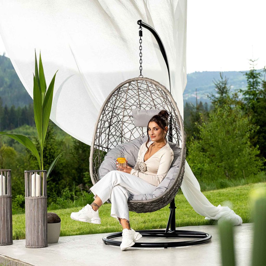di volio Polyrattan Hängesessel mit Gestell BACOLI Hängekorb Hängeschaukel Grau